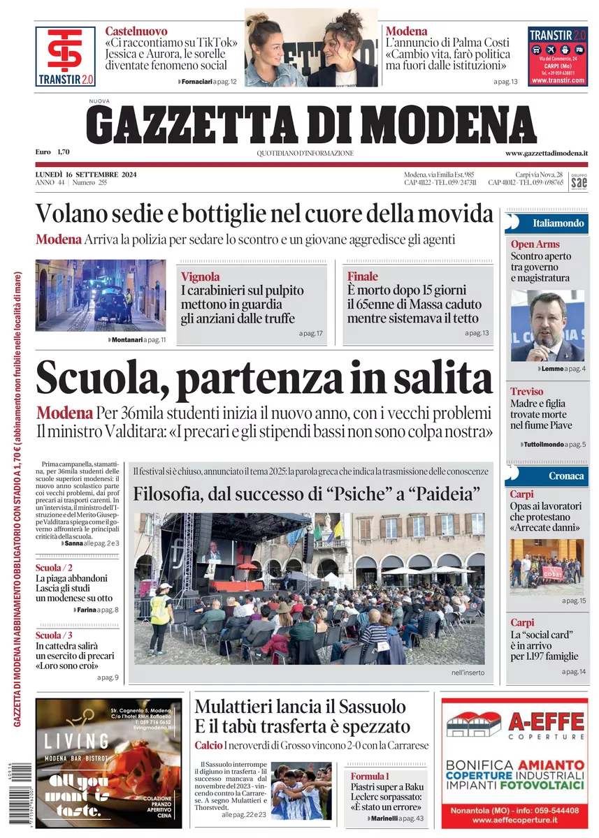 Prima-pagina-gazzetta di modena-oggi-edizione-del-2024-09-16